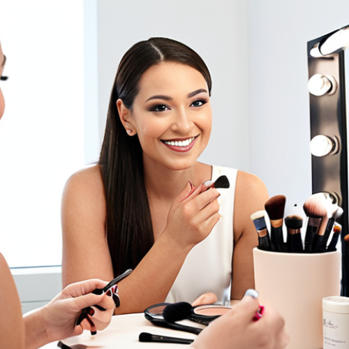 **Image Prompt:** A confident beauty consultant smiling, applying makeup on a client in a well-lit studio. Focus on creating a positive and empowering atmosphere. Soft, natural lighting. Makeup brushes and various beauty products on a nearby table. Background should subtly hint at a modern, minimalist studio space.