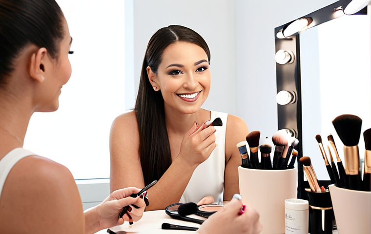 **Image Prompt:** A confident beauty consultant smiling, applying makeup on a client in a well-lit studio. Focus on creating a positive and empowering atmosphere. Soft, natural lighting. Makeup brushes and various beauty products on a nearby table. Background should subtly hint at a modern, minimalist studio space.
