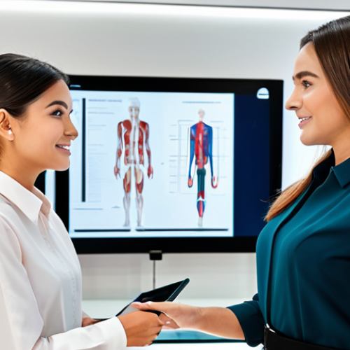 A professional beauty consultant, fully clothed in a modest, elegant business blouse and tailored trousers, engages warmly with a female client at a sleek, modern counter in a high-end beauty store. The consultant points to a digital screen displaying an AI-driven skin analysis, while actively listening to the client. Both subjects exhibit perfect anatomy, correct proportions, and natural poses. The background is brightly lit with soft, inviting tones, showcasing modern product displays and a clean aesthetic. The image conveys trust and personalized service. safe for work, appropriate content, fully clothed, professional, professional photography, high quality, well-formed hands, proper finger count, natural body proportions.