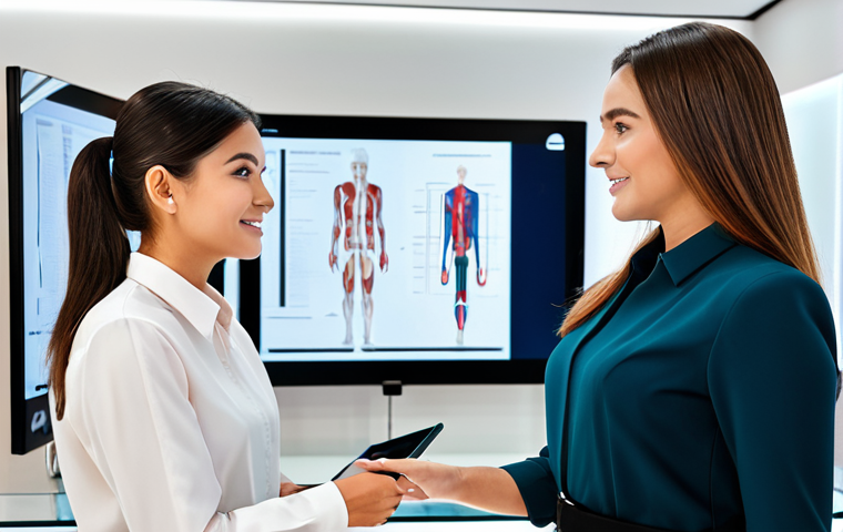 A professional beauty consultant, fully clothed in a modest, elegant business blouse and tailored trousers, engages warmly with a female client at a sleek, modern counter in a high-end beauty store. The consultant points to a digital screen displaying an AI-driven skin analysis, while actively listening to the client. Both subjects exhibit perfect anatomy, correct proportions, and natural poses. The background is brightly lit with soft, inviting tones, showcasing modern product displays and a clean aesthetic. The image conveys trust and personalized service. safe for work, appropriate content, fully clothed, professional, professional photography, high quality, well-formed hands, proper finger count, natural body proportions.