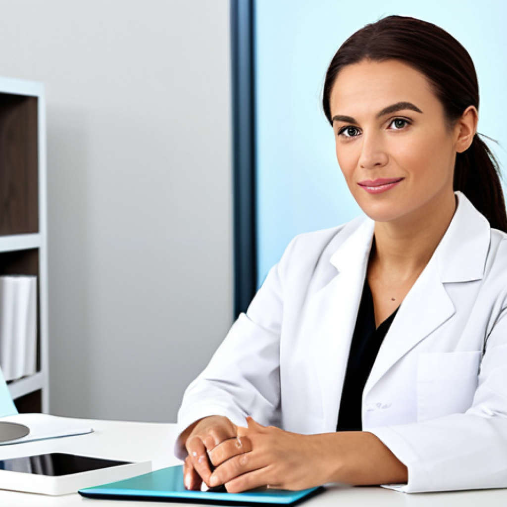 A professional female beauty consultant, fully clothed in a modest, clean lab coat over appropriate business attire, seated at a sleek white desk in a brightly lit, modern skincare consultation room. She is looking directly at the viewer with a warm, attentive expression, as if ready to offer personalized advice. A tablet and a few professional skincare products are neatly arranged on the desk, implying a focus on client-centered care. The room is minimalist and inviting. Perfect anatomy, correct proportions, well-formed hands, proper finger count, natural body proportions, natural pose, professional photography, high quality, safe for work, appropriate content, professional.