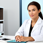 A professional female beauty consultant, fully clothed in a modest, clean lab coat over appropriate business attire, seated at a sleek white desk in a brightly lit, modern skincare consultation room. She is looking directly at the viewer with a warm, attentive expression, as if ready to offer personalized advice. A tablet and a few professional skincare products are neatly arranged on the desk, implying a focus on client-centered care. The room is minimalist and inviting. Perfect anatomy, correct proportions, well-formed hands, proper finger count, natural body proportions, natural pose, professional photography, high quality, safe for work, appropriate content, professional.