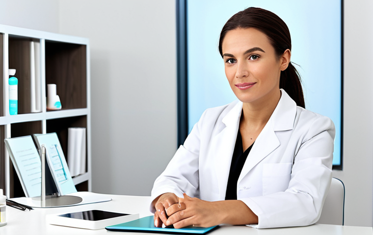 A professional female beauty consultant, fully clothed in a modest, clean lab coat over appropriate business attire, seated at a sleek white desk in a brightly lit, modern skincare consultation room. She is looking directly at the viewer with a warm, attentive expression, as if ready to offer personalized advice. A tablet and a few professional skincare products are neatly arranged on the desk, implying a focus on client-centered care. The room is minimalist and inviting. Perfect anatomy, correct proportions, well-formed hands, proper finger count, natural body proportions, natural pose, professional photography, high quality, safe for work, appropriate content, professional.